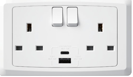 Switch Socket + USB (A+C) FC688Q - 2 Gang, White