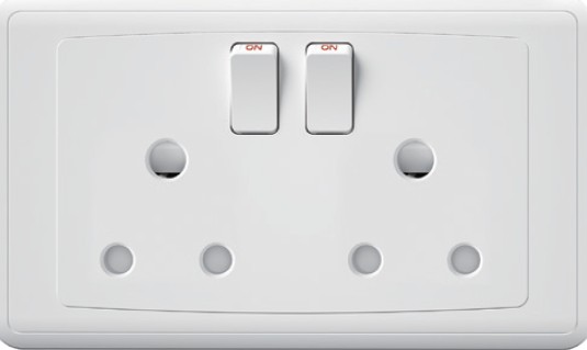 Switch Round Pin Socket 15A FC529Q - 2 Gang, White