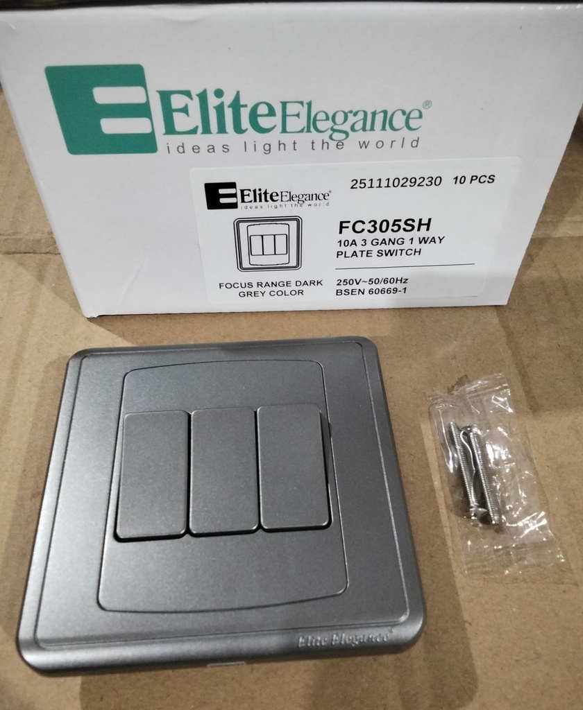 Plate Switch FC305SH - 3 Gang 1 Way, Gray - Elite Elegance