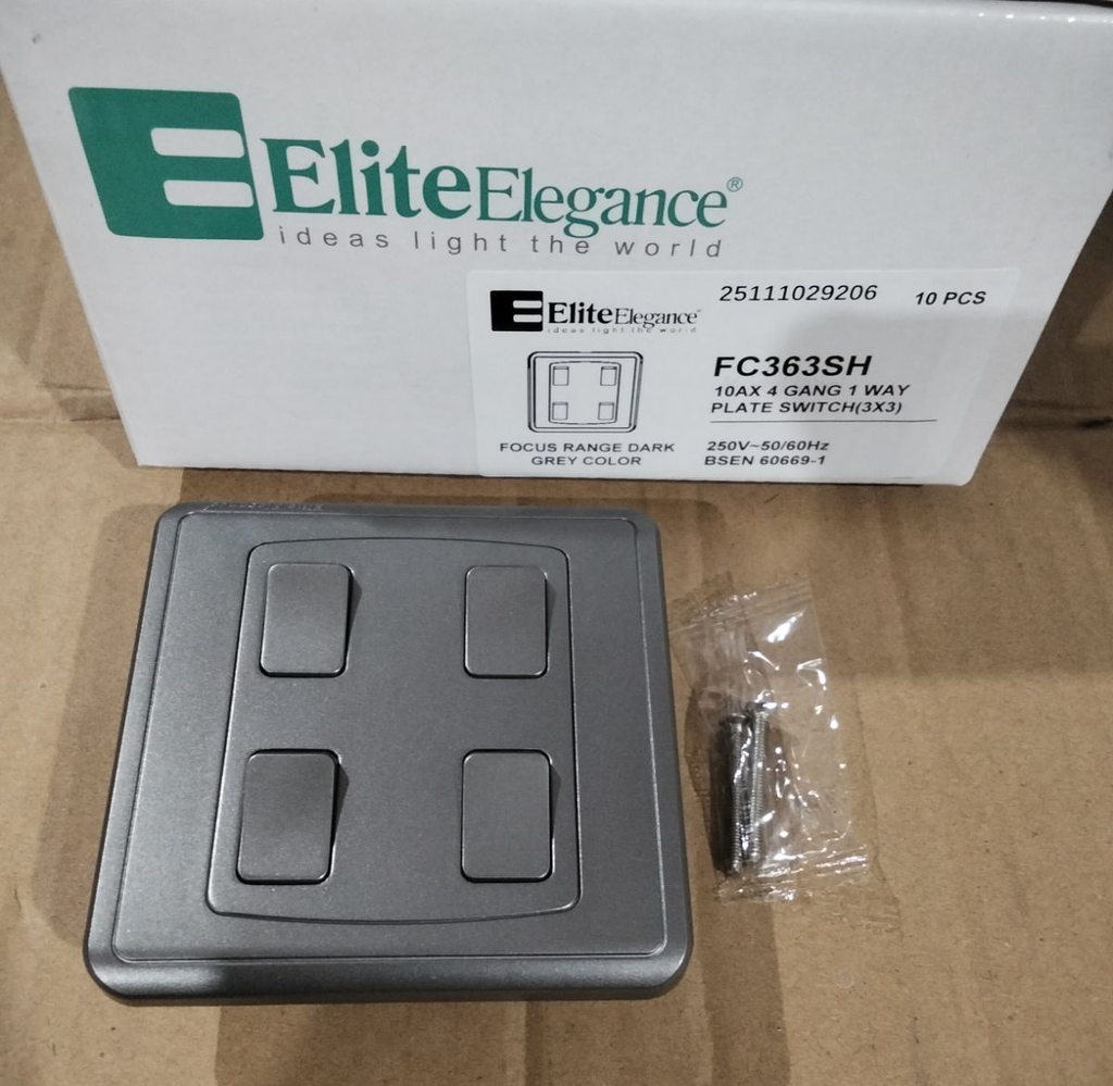 Plate Switch FC363SH - 4 Gang 1 Way, Gray - Elite Elegance