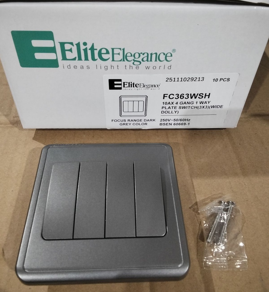 Plate Switch FC363WSH - 4 Gang 1 Way (Big Button), Gray - Elite Elegance