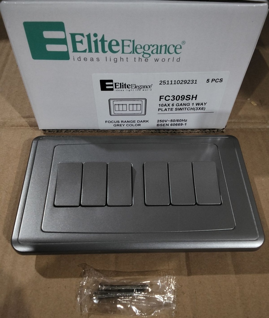 Plate Switch FC309SH - 6 Gang 1 Way, Gray - Elite Elegance