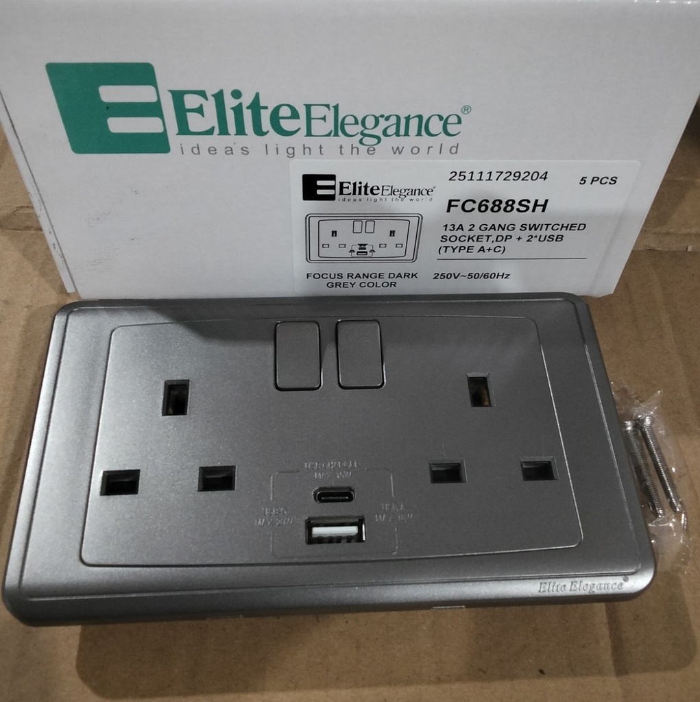 Switch Socket + USB (A+C) FC688Q - 2 Gang, Gray