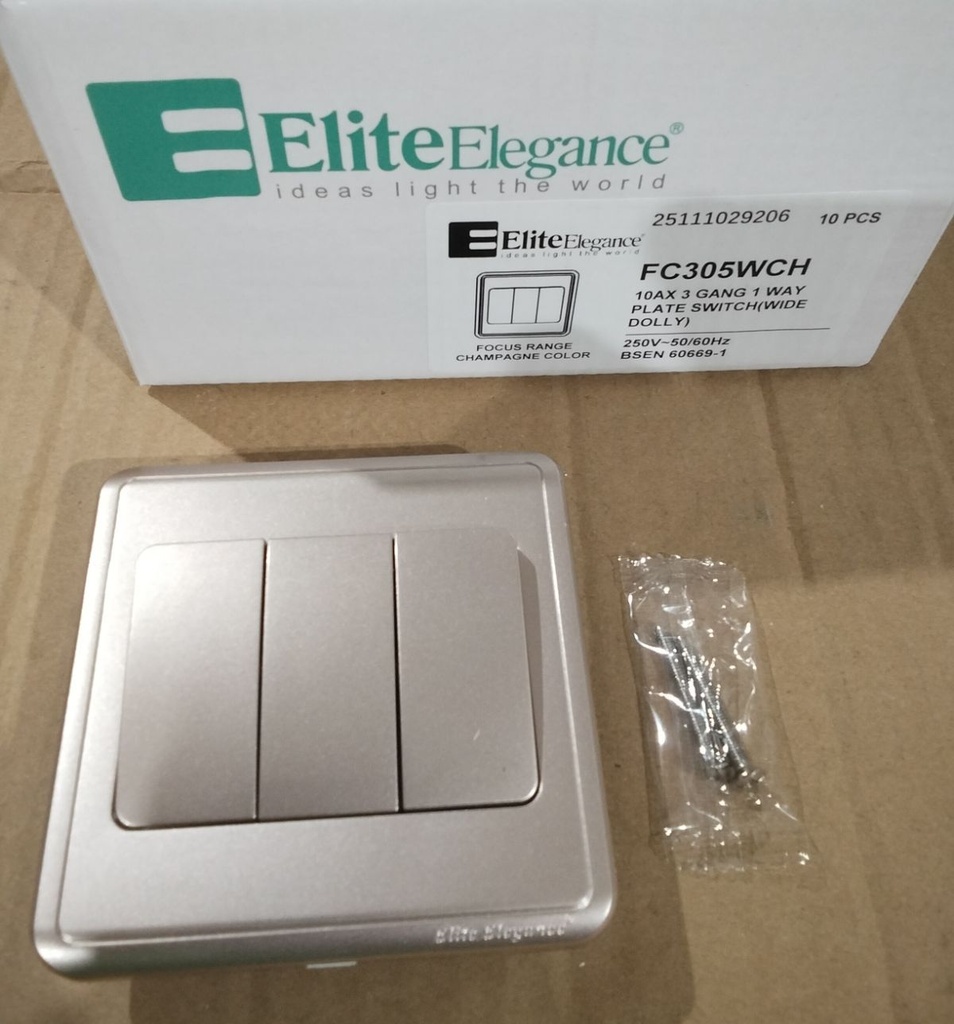 Plate Switch FC305W - 3 Gang 1 Way (Big Button), Champagne - Elite Elegance
