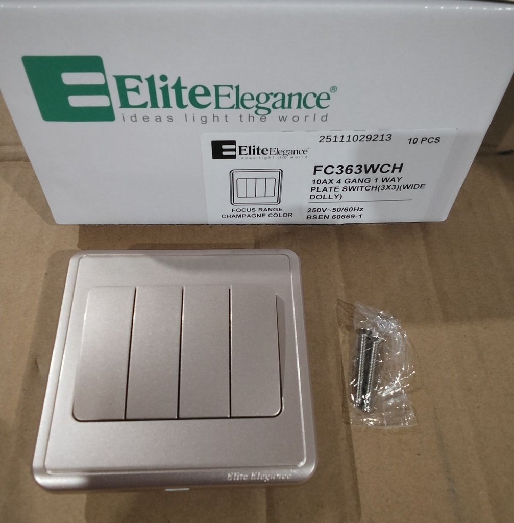 Plate Switch FC363WCH - 4 Gang 1 Way (Big Button), Champagne - Elite Elegance
