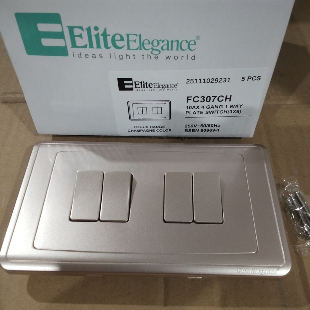 Plate Switch FC307CH - 4 Gang 1 Way, Champagne - Elite Elegance