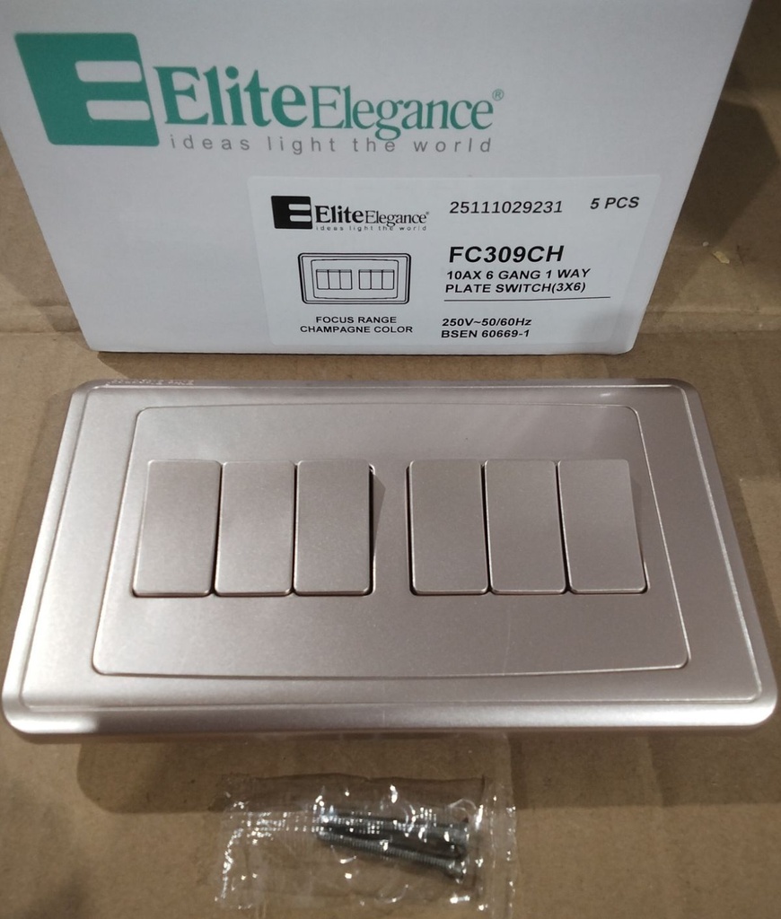 Plate Switch FC309CH - 6 Gang 1 Way, Champagne - Elite Elegance