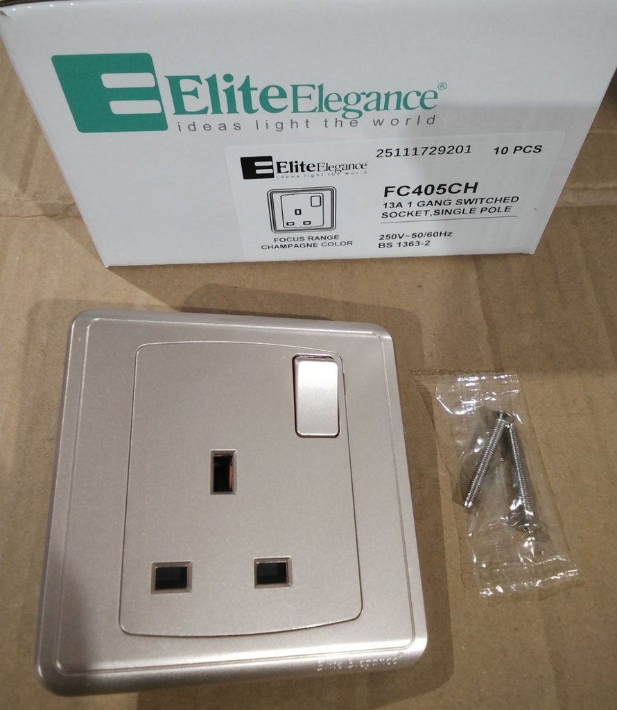 Switched Socket, Single Pole FC405Q - 1 Gang, Champagne - Elite Elegance