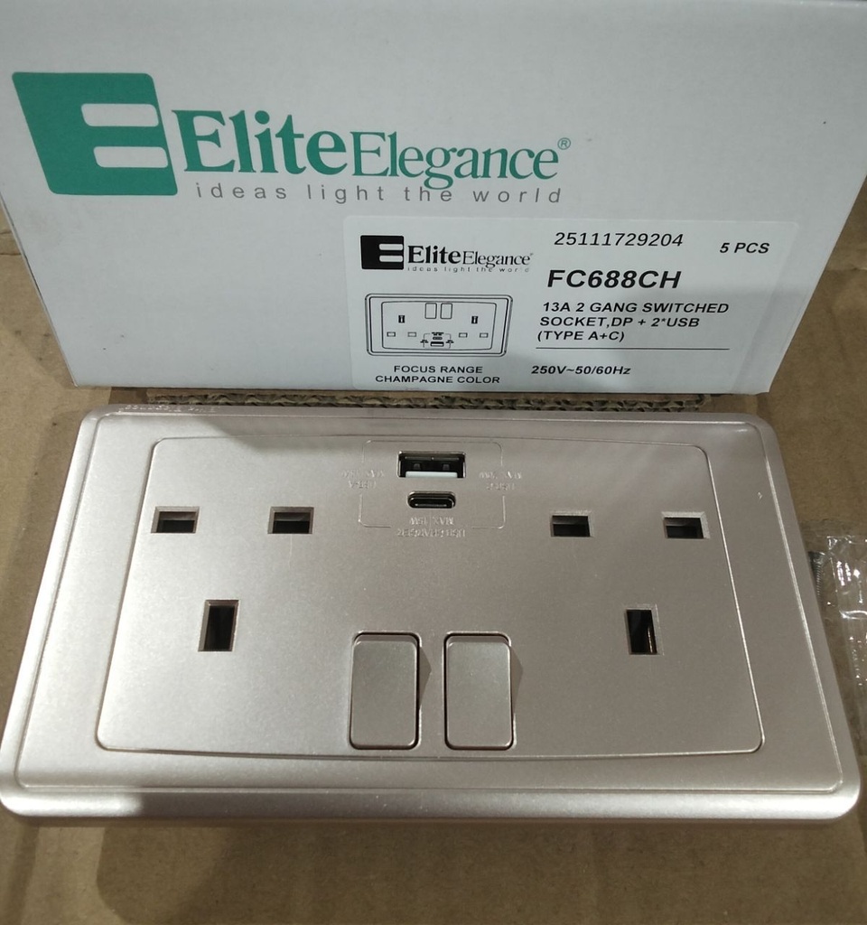 Switch Socket + USB (A+C) FC688Q - 2 Gang, Champagne