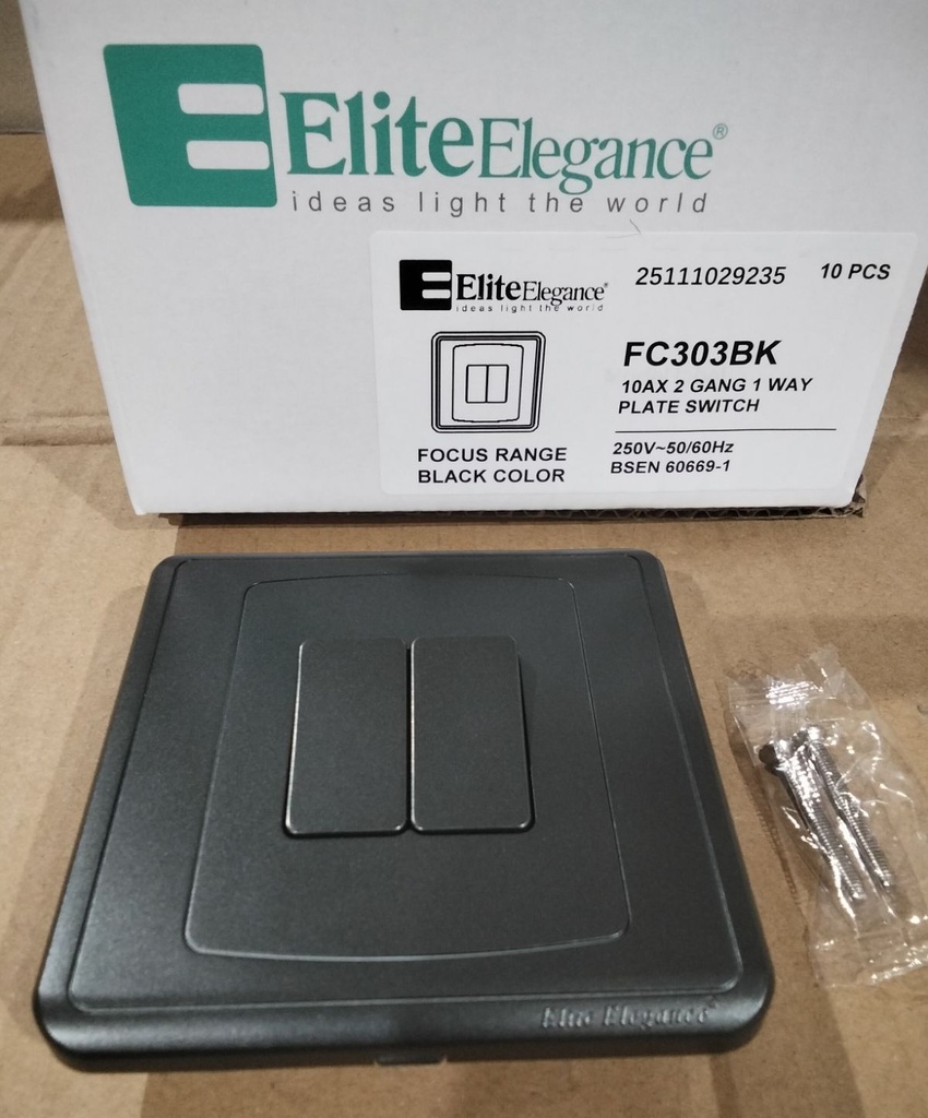 Plate Switch FC303BK - 2 Gang 1 Way, Black - Elite Elegance