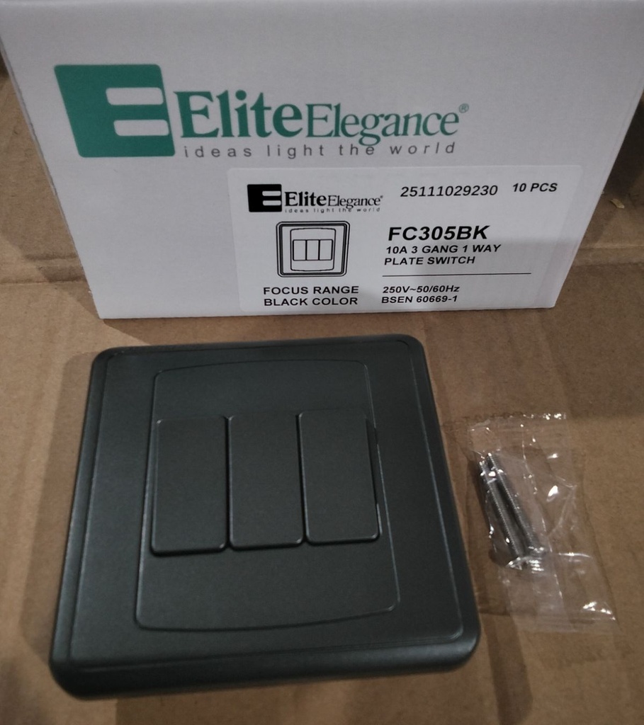 Plate Switch FC305BK - 3 Gang 1 Way, Black - Elite Elegance