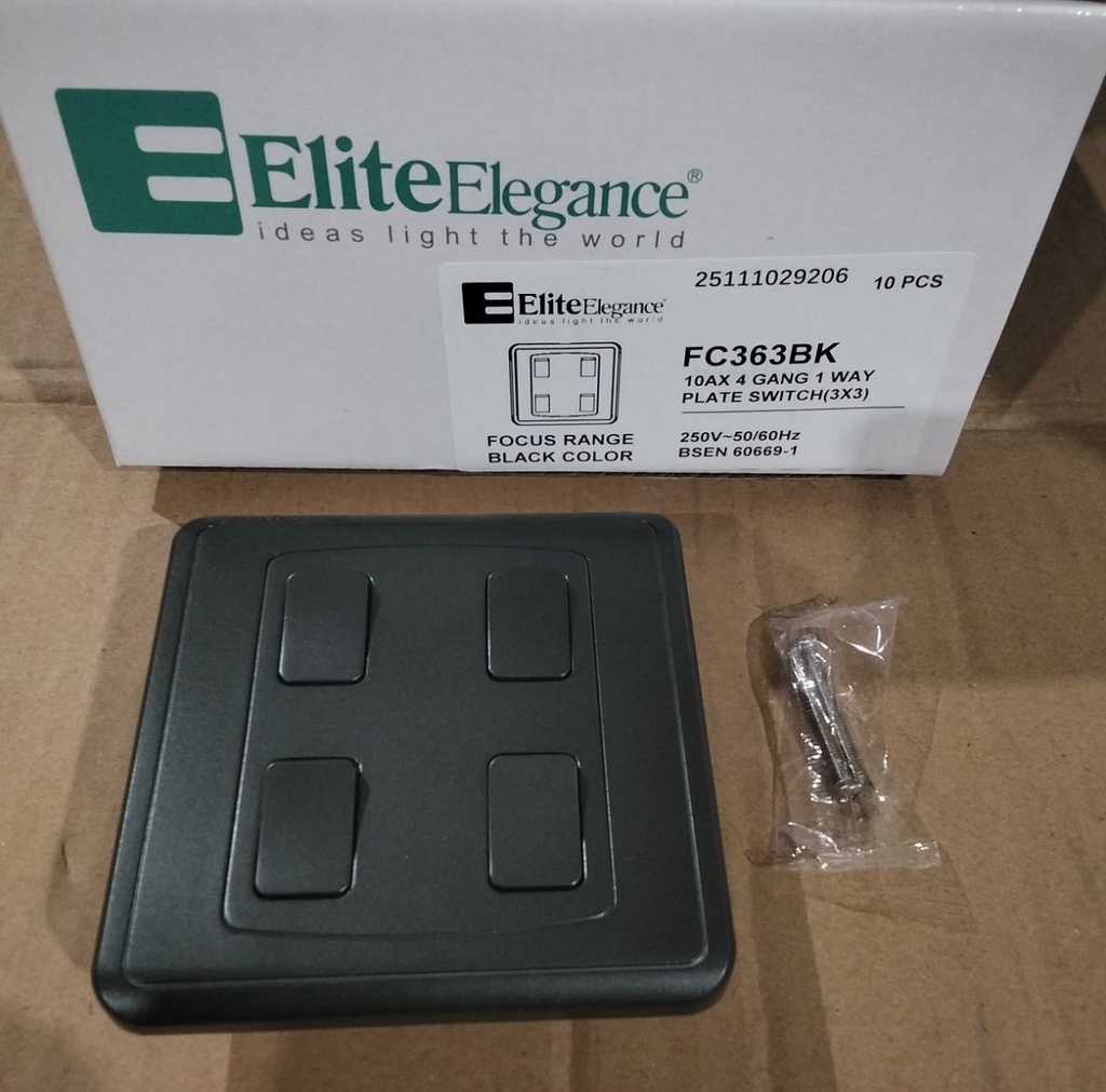 Plate Switch FC363BK - 4 Gang 1 Way, Black - Elite Elegance
