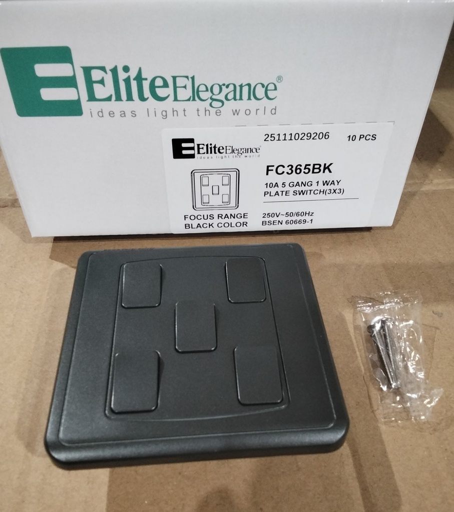 Plate Switch FC365BK - 5 Gang 1 Way, Black - Elite Elegance