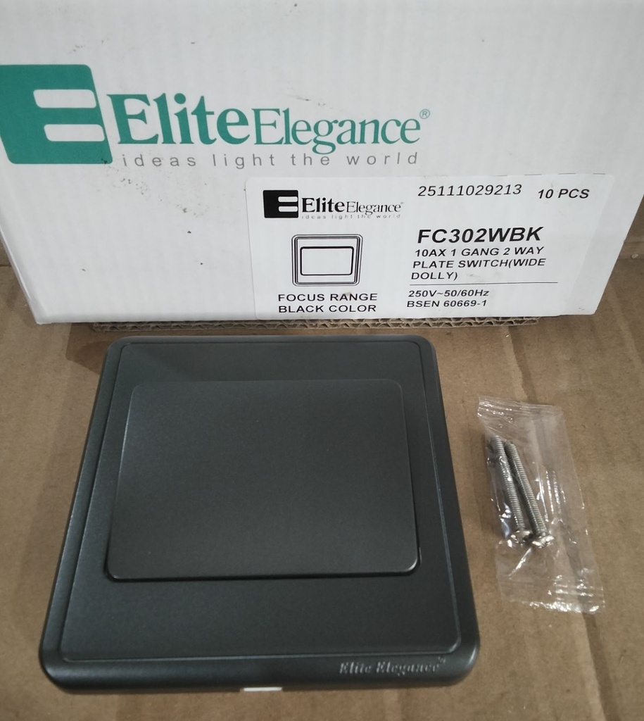 Plate Switch FC301WBK - 1 Gang 2 Way (Wide Button), Black - Elite Elegance