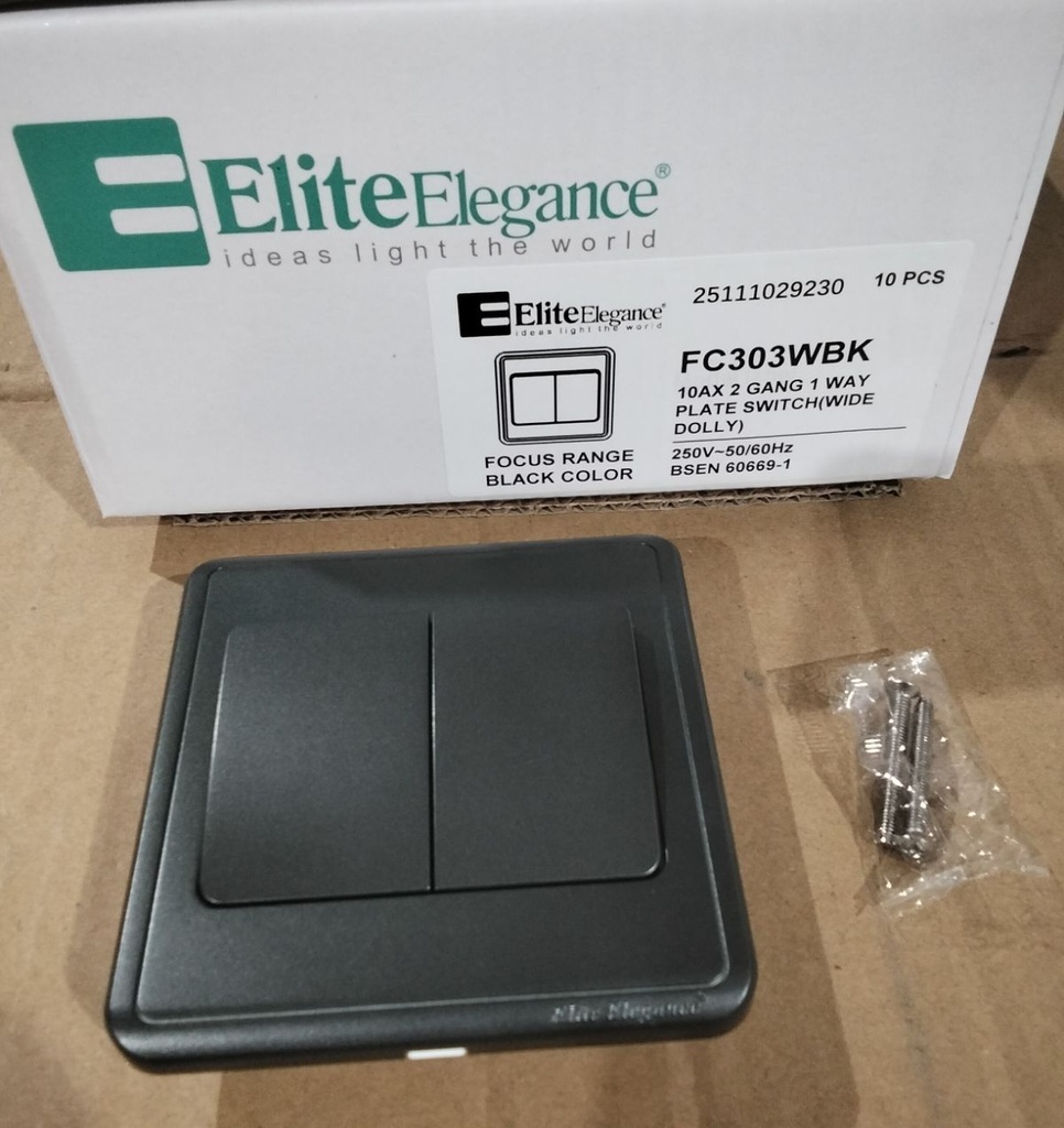 Plate Switch FC303WBK - 2 Gang 1 Way (Big Button), Black - Elite Elegance