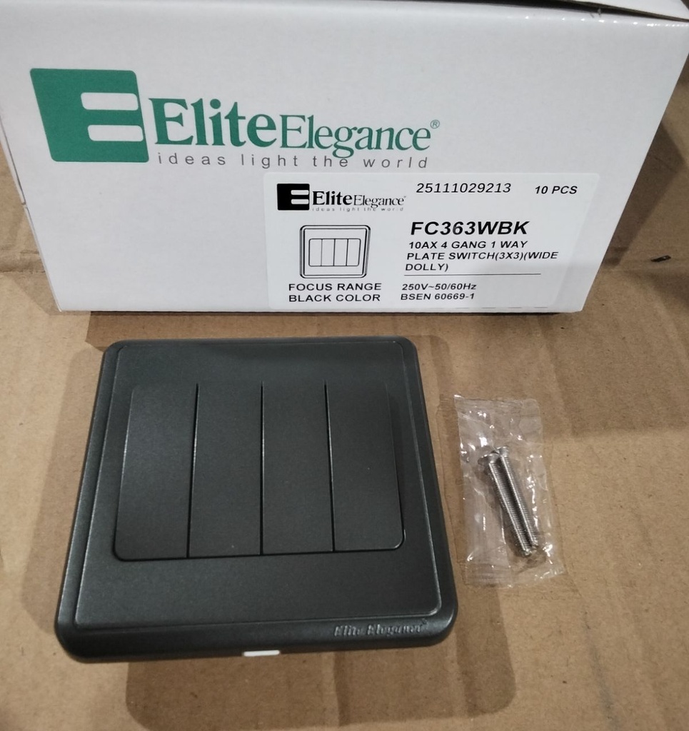 Plate Switch FC363WBK - 4 Gang 1 Way (Big Button), Black - Elite Elegance