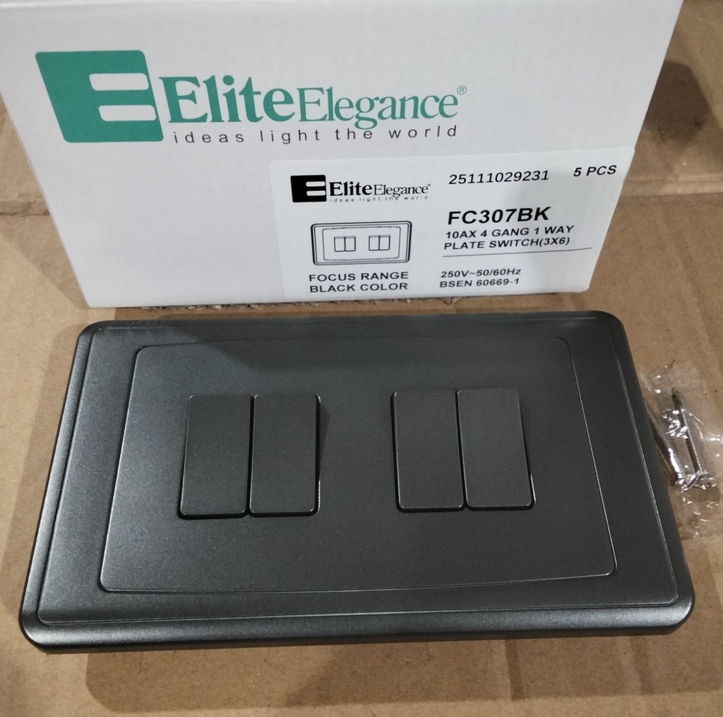 Plate Switch FC307BK - 4 Gang 1 Way, Black - Elite Elegance