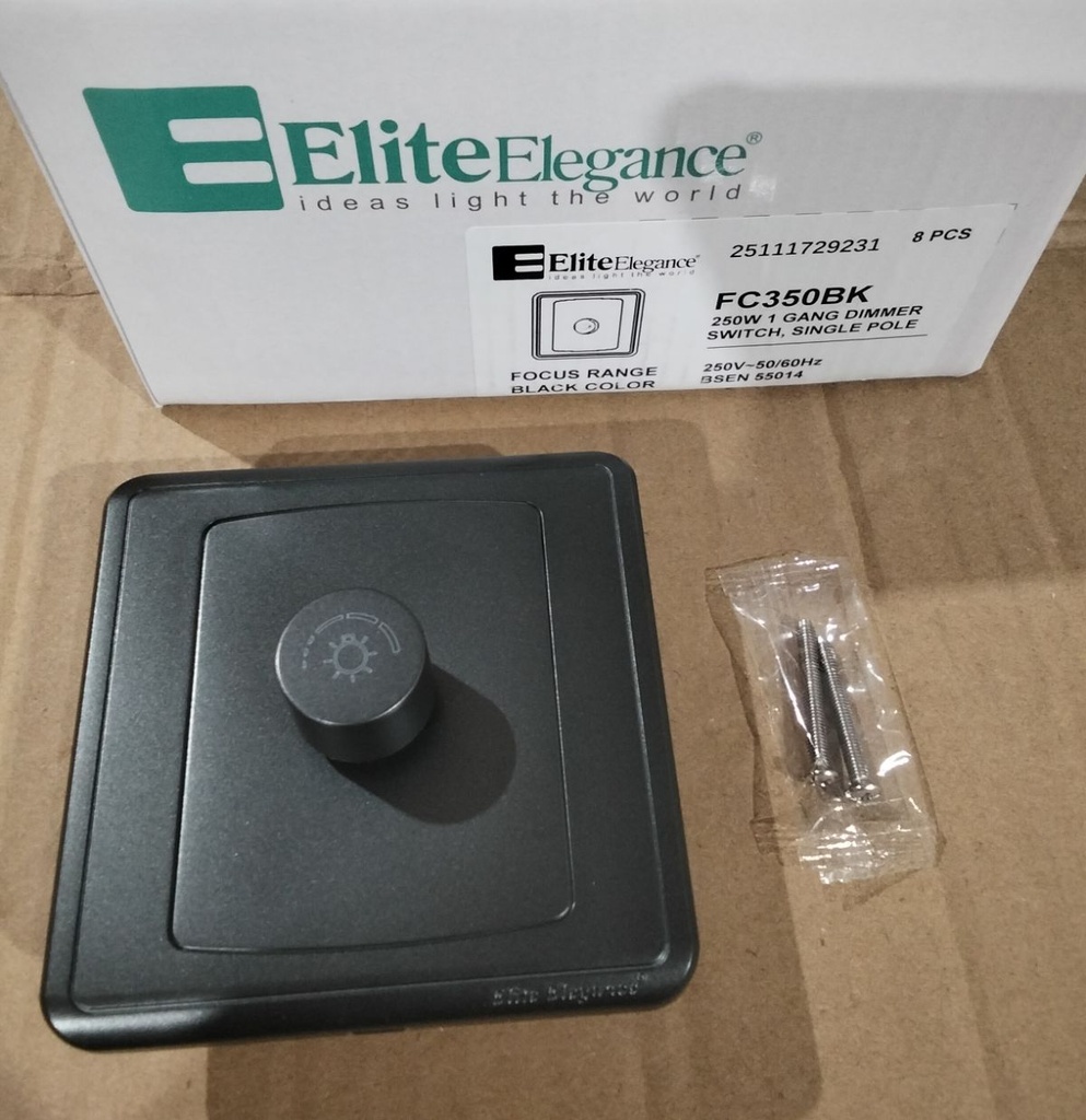 Dimmer Switch FC350BK - 1 Gang 250W, Black - Elite Elegance