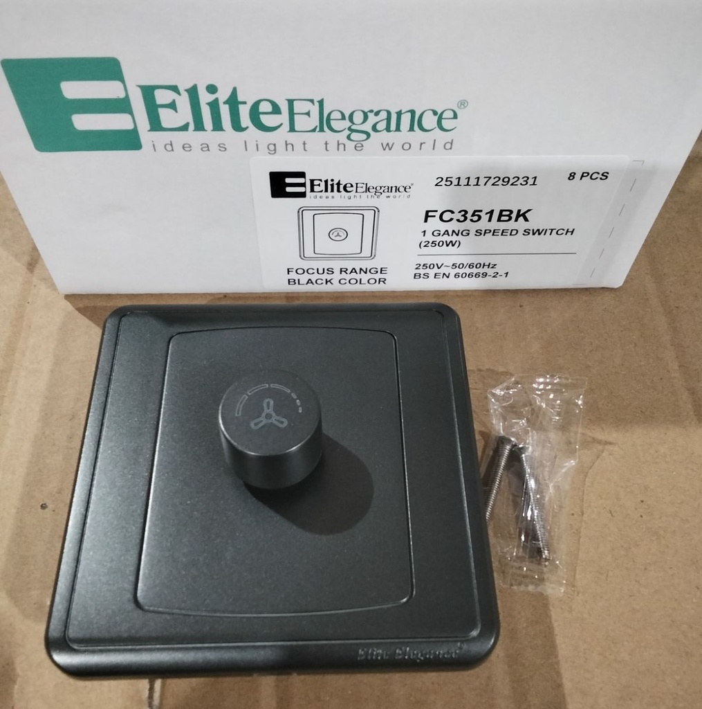 Fan Speed Switch FC351BK - 1 Gang 250W, Black - Elite Elegance