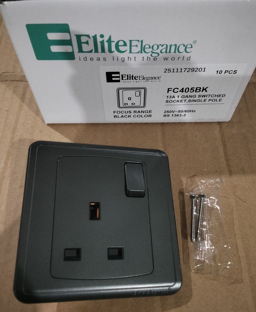 Switched Socket, Single Pole FC405Q - 1 Gang, Black - Elite Elegance