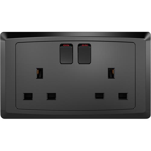 Switched Socket, Single Pole FC406BK - 2 Gang, Black - Elite Elegance