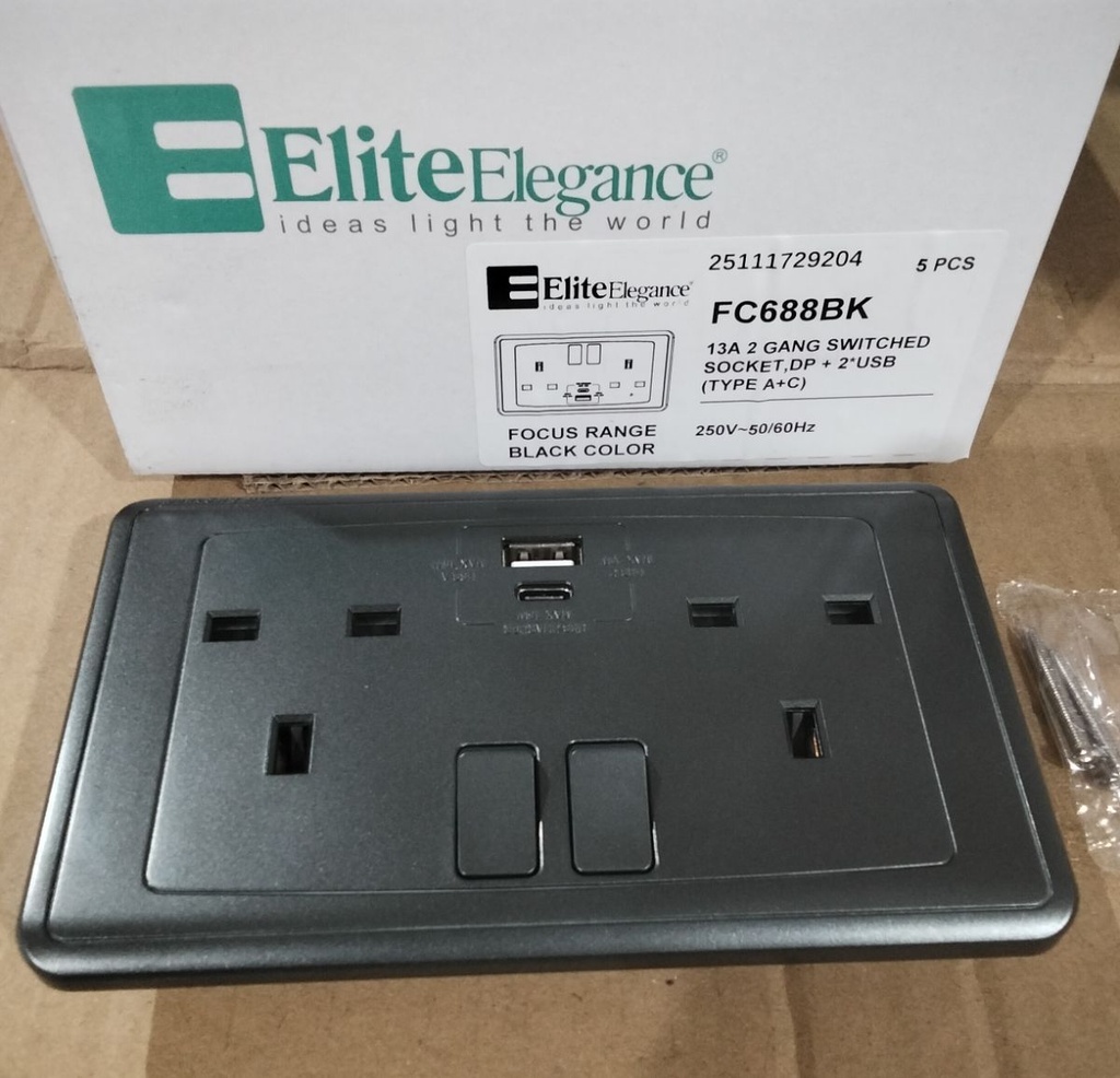 Switch Socket + USB (A+C) FC688Q - 2 Gang, Balck