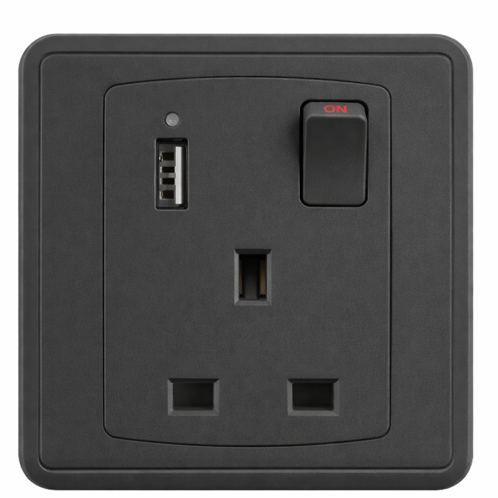 Switch Socket+Neon+1*USB A+C FC457BK - 1 Gang, Black