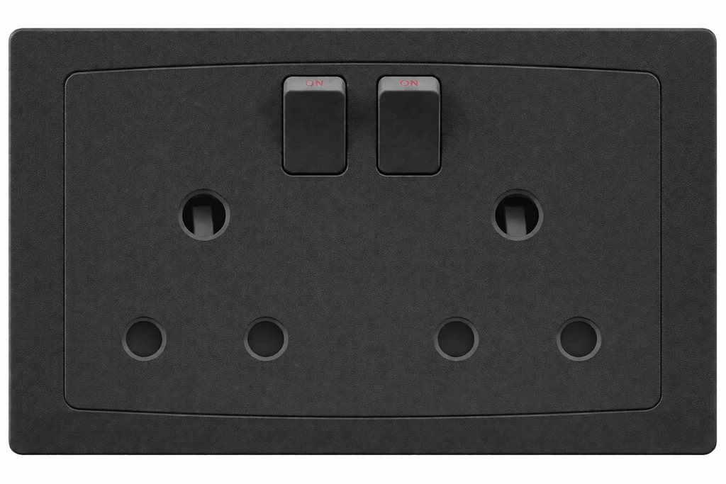Switch Round Pin Socket 15A FC529Q - 2 Gang, Balck - Elite Elegance
