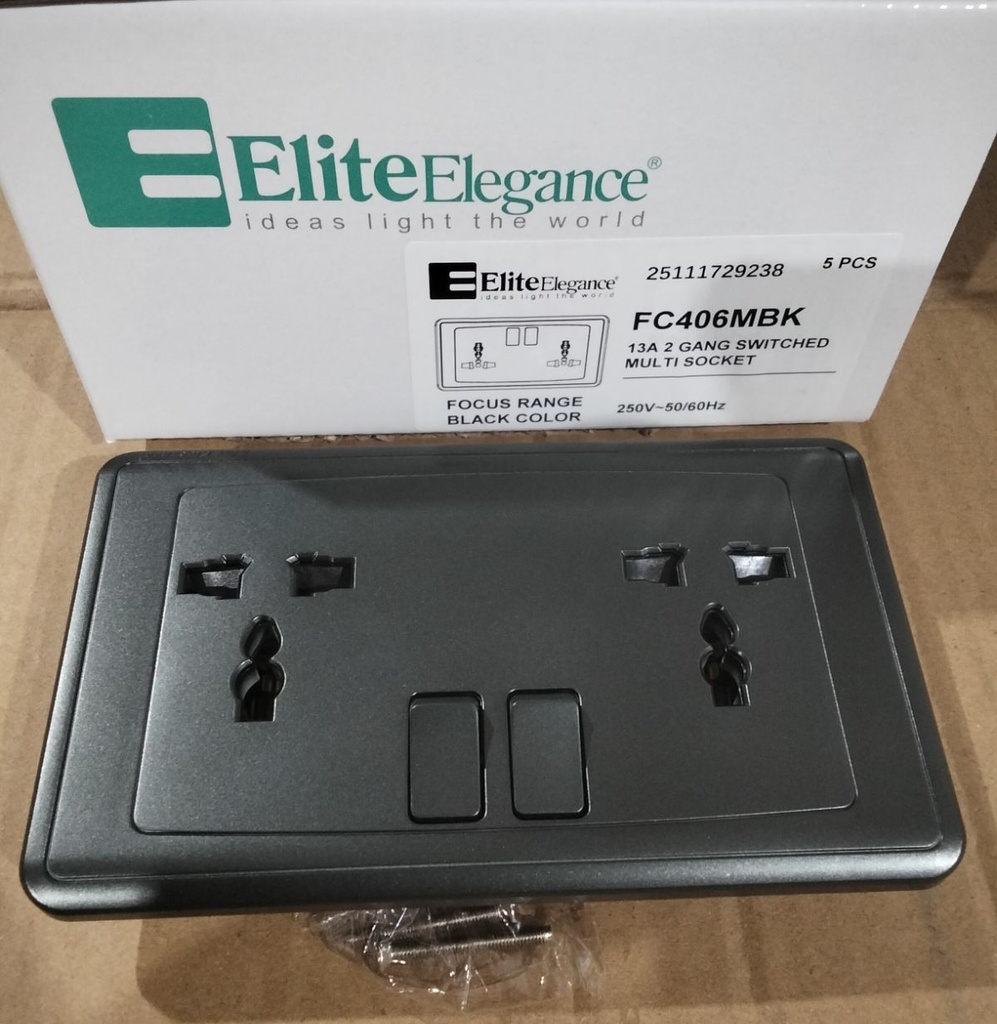 Switched Multi - Socket 13A FC406MBK - 2 Gang , Black - Elite Elegance