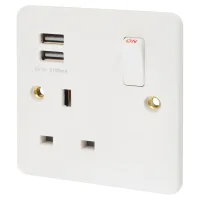 Switch Socket 13A - 1 GANG + 2 USB Socket 2.1A - Z766, White