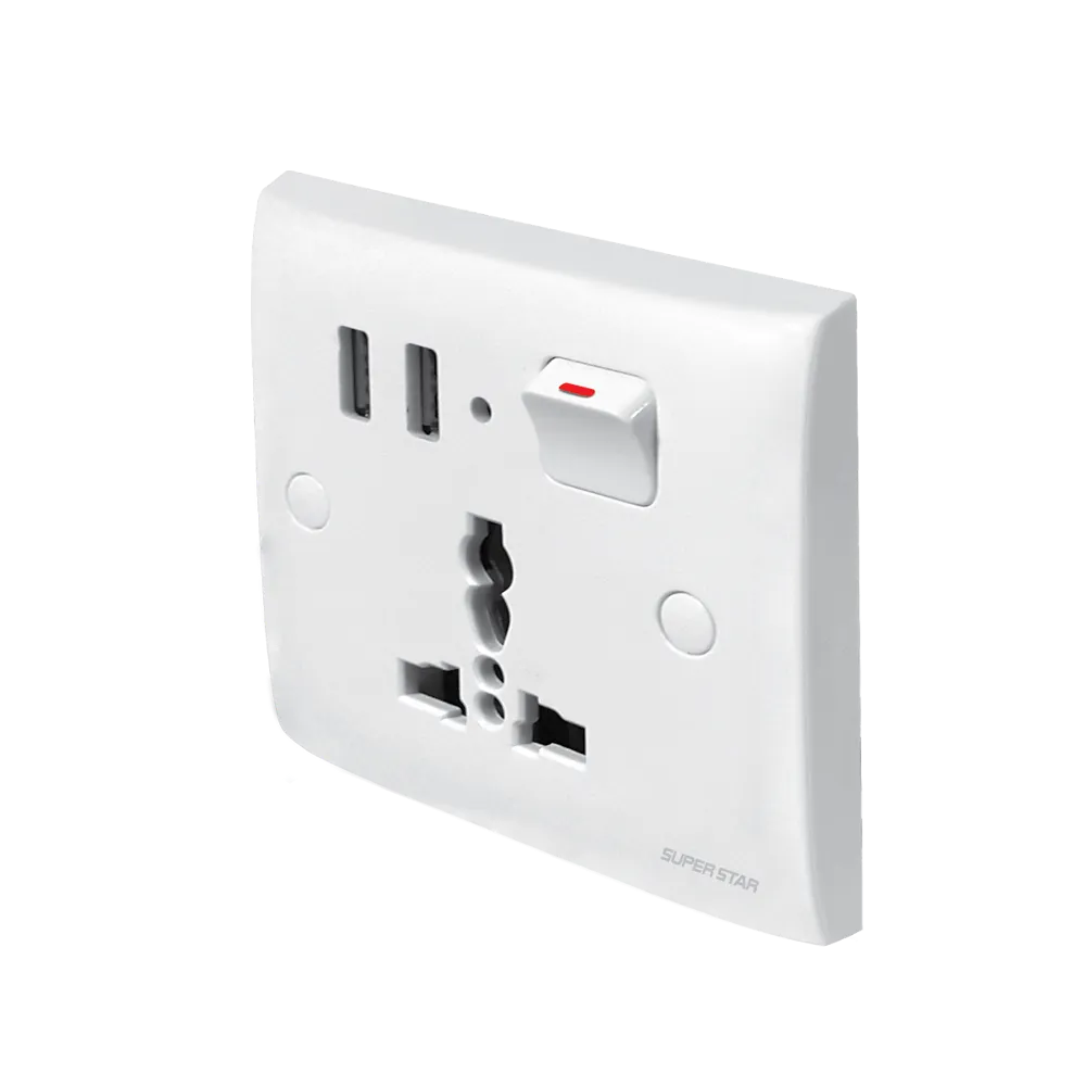 Switch Socket - 13A 1 Gang Universal + 2 USB Switch, Z769 White