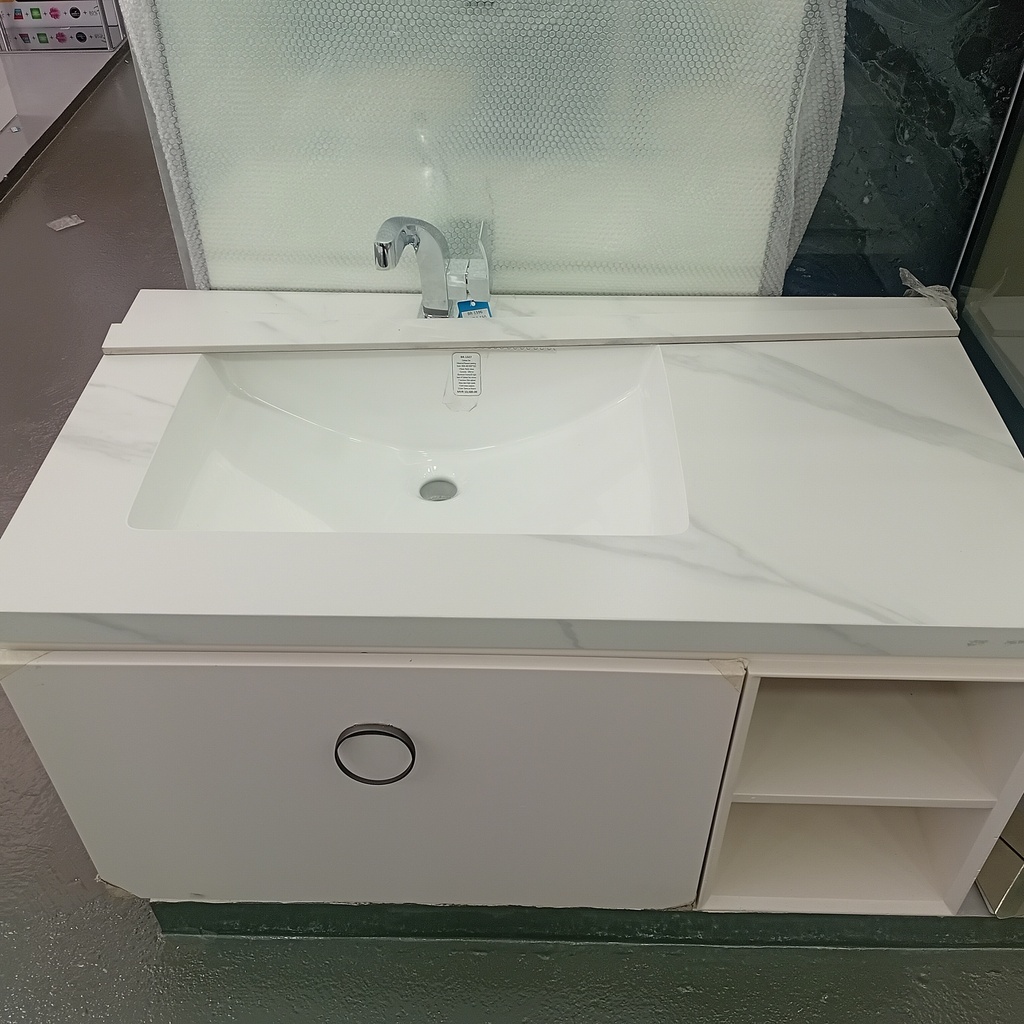 Cabinet Set  1.Material:Plywood painting finish 2636-100 1000*550 2.Basin: Rocky stone +Ceramic;  3.Mirror :Aluminum Frame,LED light back of Cabinet Set mirror, 2 functions Side cabinet :Glass door+light inside 4.Soft-close systerm;  5.Color: Same as Picture.