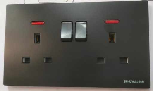 [BR-791] Socket - 13A Double with Lamp, LK4056D 86x86mm 13A250V, Black