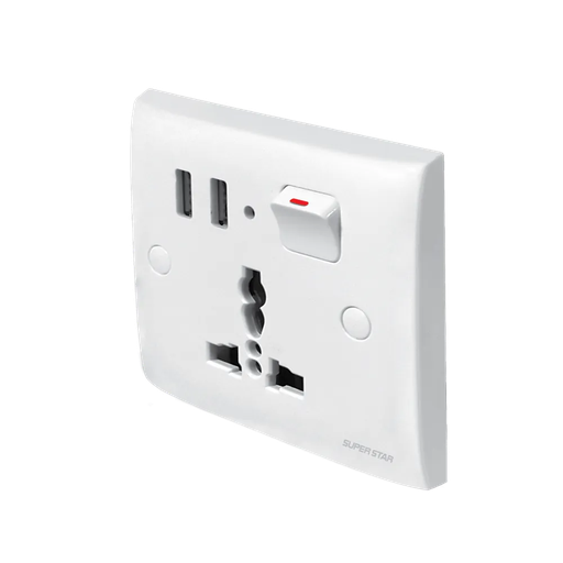 [SWS-ZW-009] Switch Socket - 13A 1 Gang Universal + 2 USB Switch, Z769 White