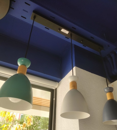 [BR-23] Ceiling Light- 700*140*H750mmSource: E27*3 (excluded)Material: Iron n+woodernlight body finish: black+white+ greenBox Code: A2-9