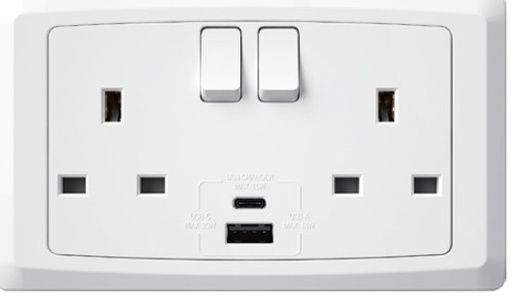 [BR-2096] Switch Socket + USB (A+C) FC688Q - 2 Gang, White
