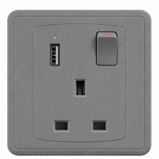 [BR-2154] Switch Socket+Neon+1*USB A+C FC457SH - 1 Gang, Grey