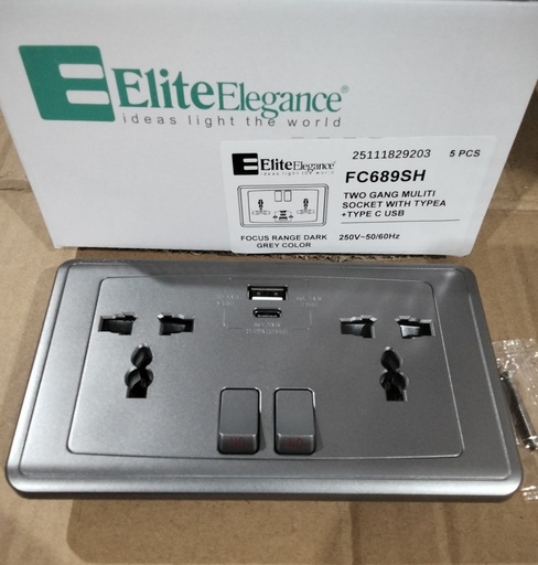 [BR-2159] Switch Multi - Socket+2*USB(A+C) 13A FC689Q - 2 Gang, Gray