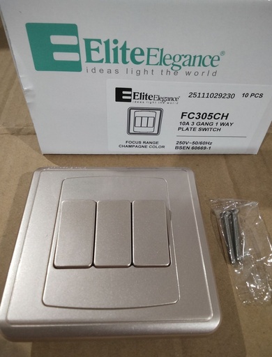 [BR-2163] Plate Switch FC305CH - 3 Gang 1 Way, Champagne - Elite Elegance