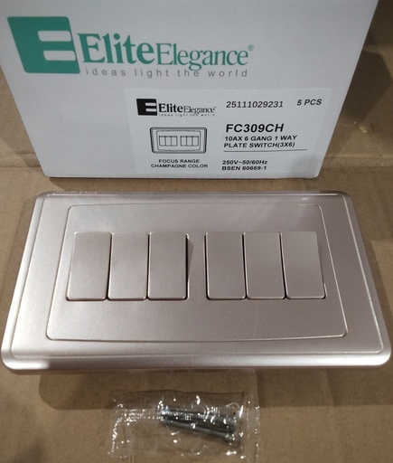 [BR-2172] Plate Switch FC309CH - 6 Gang 1 Way, Champagne - Elite Elegance