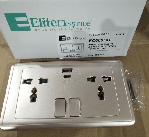 [BR-2188] Switch Multi - Socket+2*USB(A+C) 13A FC689Q - 2 Gang, Champagne