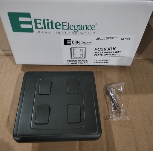 [BR-2193] Plate Switch FC363BK - 4 Gang 1 Way, Black - Elite Elegance