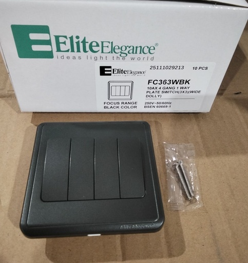 [BR-2199] Plate Switch FC363WBK - 4 Gang 1 Way (Big Button), Black - Elite Elegance