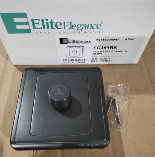 [BR-2206] Fan Speed Switch FC351BK - 1 Gang 250W, Black - Elite Elegance