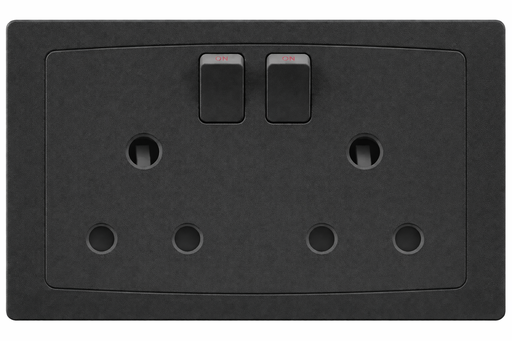 [BR-2214] Switch Round Pin Socket 15A FC529Q - 2 Gang, Balck - Elite Elegance