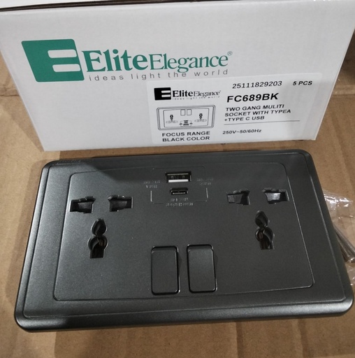 [BR-2217] Switch Multi - Socket+2*USB(A+C) 13A FC689Q - 2 Gang, Balck